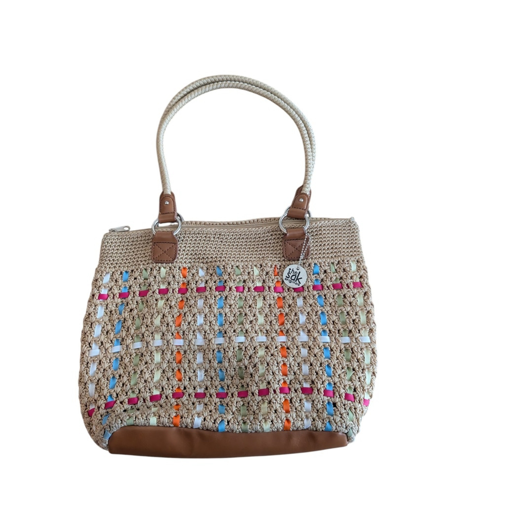 THE SAK Original Crocheted Beige with Multicolor Ribbons 2 Top Handle Bag Large
